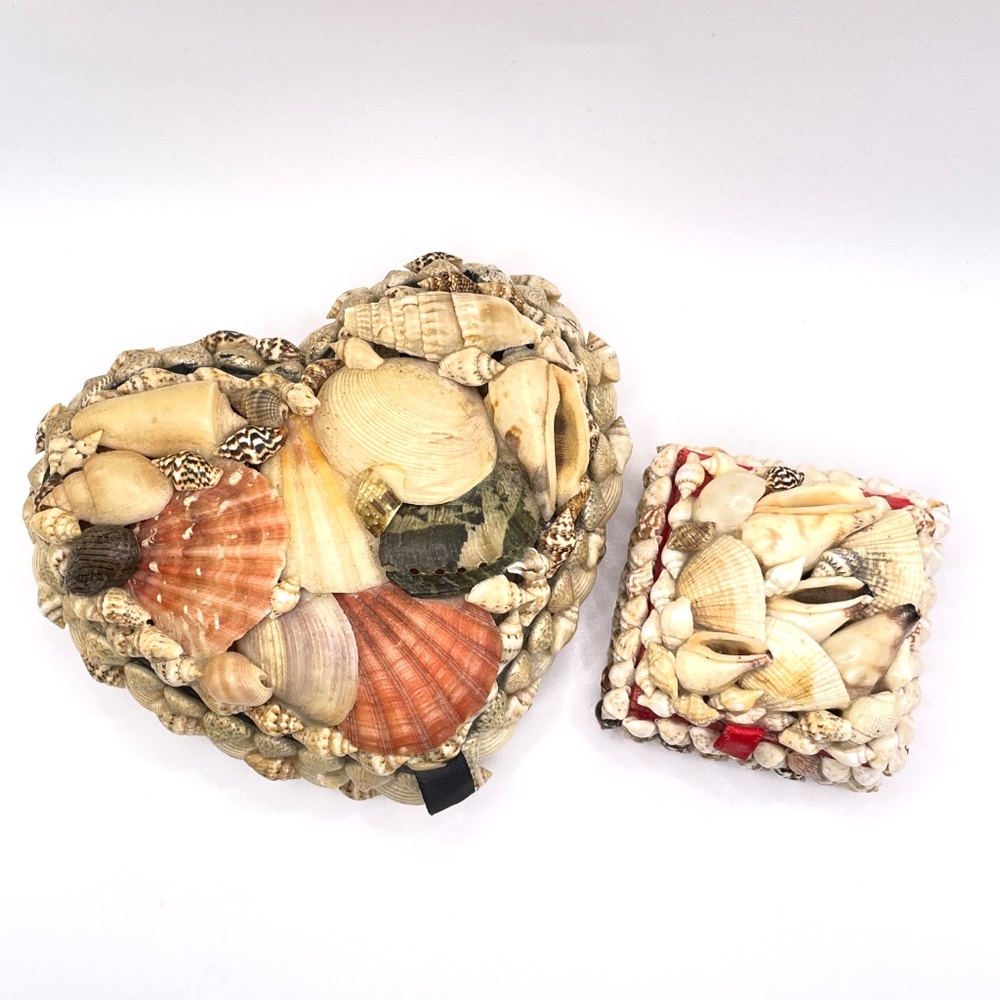 Vintage Seashell Covered Heart & Square Trinket Boxes